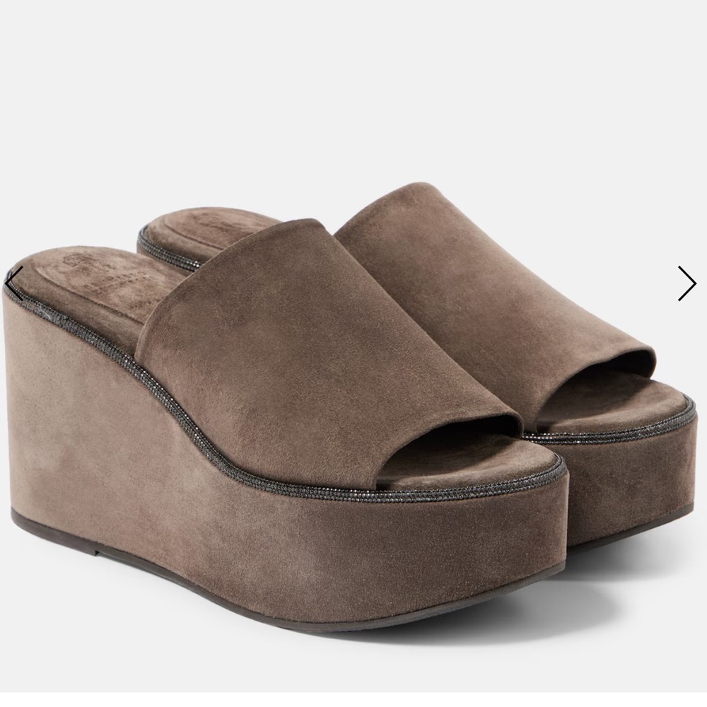 Brunello Cucinelli Monili Suede Bead Embellished Wedge Mules